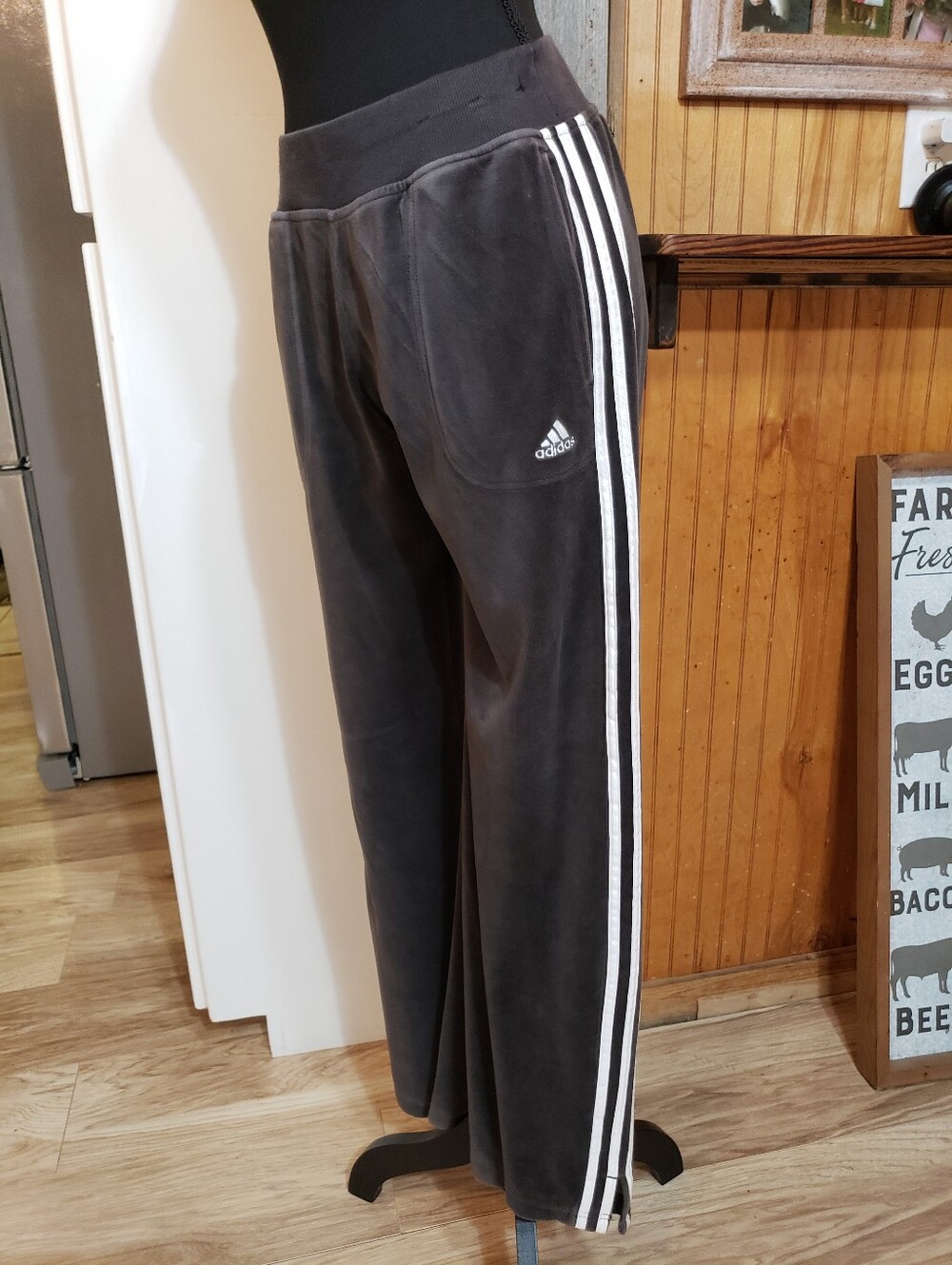 Adidas Y2k Velour Wide Leg Gray Track Pant Med 3 White Stripe Embroidered Logo
